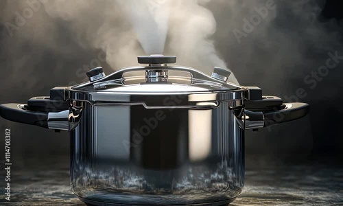 Stainless steel pressure cooker steaming on dark background.