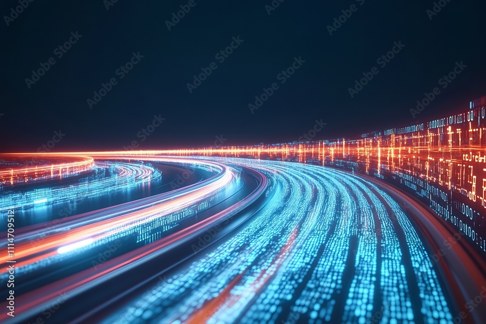 Fototapeta premium Digital data stream in deep blue, high speed data transfer with motion effect, cyber tech space, expansive room for custom text,dark sky 