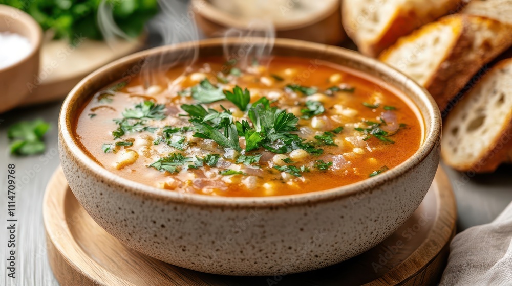 Rustic sopa served in a steaming bowl, topped with fresh herbs and a side of crusty bread Rustic sopa served in a steaming bowl, topped with fresh herbs and a side of crusty bread