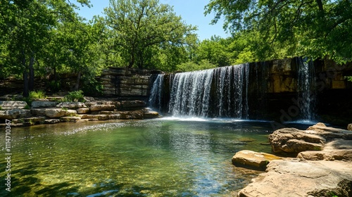 Serene waterfall cascading into a clear pool, surrounded by lush greenery and rocks under a sunny sky.