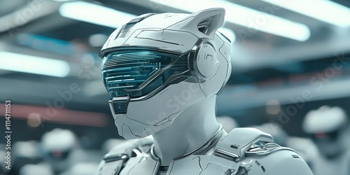 A high-tech armored suit with a glowing blue visor in a sci-fi environment, evoking cutting-edge design and futuristic protection and innovation. photo