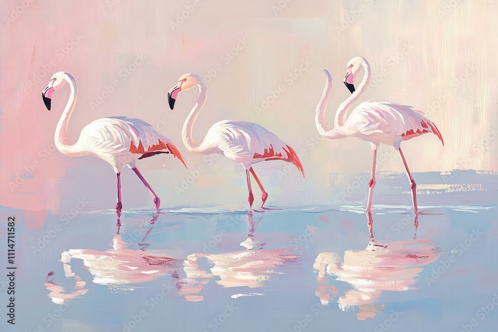 Obraz premium illustration Flamingos in soft pink tones walking along the water's edge