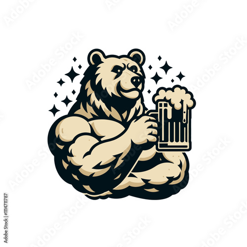 Strong bear flexing with beer mug, isolated vector illustration