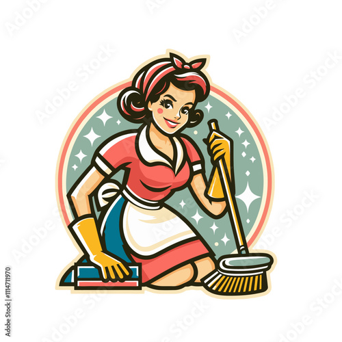  Cleaning Woman with Mop and Scrubbing Brush. Retro Cleaning Lady Illustration - Isolated Vector Illustration