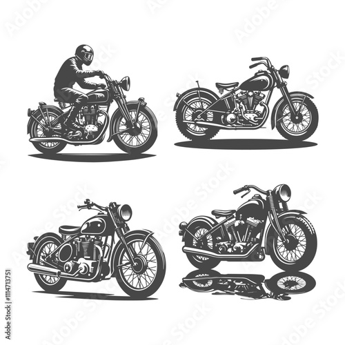 Biker rides a retro motorcycle silhouette collection black and white design vector illustration