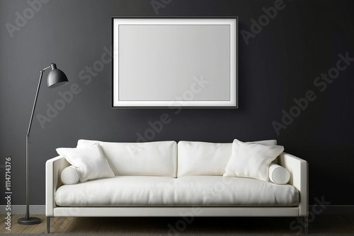 modern living room with a modern dark grey wall, lamp, moody, modern white sofa  photo