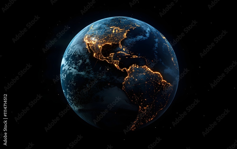 Obraz premium Stunning view of Earth at night, showcasing the intricate network of city lights across the continents. A mesmerizing display of humanity's footprint on our planet.