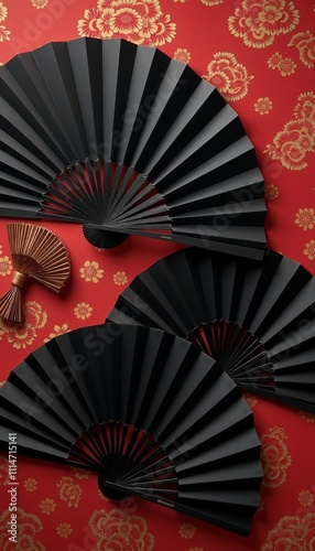 Elegant black fans display against a vibrant oriental pattern creating a striking visual contrast in artistic arrangement photo