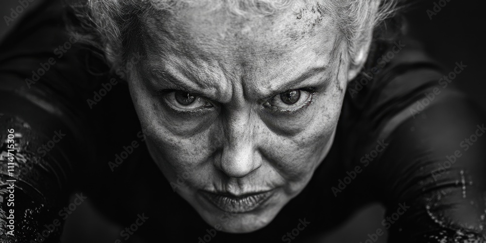 Fototapeta premium Intense expression and unwavering determination captured in a dramatic, monochrome portrait of a powerful woman