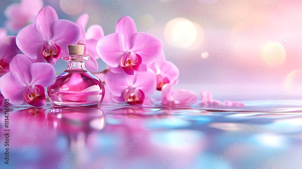 Fototapeta premium Pink Orchids and a Bottle of Pink Perfume on Water