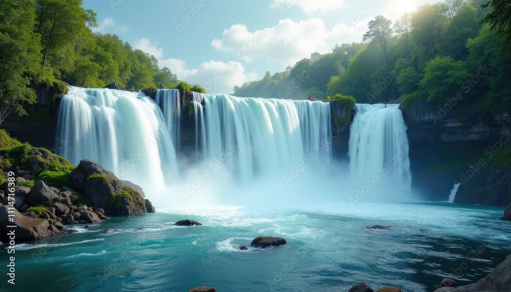 Fototapeta premium Majestic waterfall cascading down rocky cliffs surrounded by lush green forest under a bright sky.