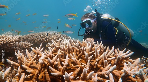 Full focus a scuba diving man in a coral reef surrounded by beautiful fishes and vibrant corals exploring the marine ecosystem colorful fish and the underwater wildlife in a stunning dive adventure photo