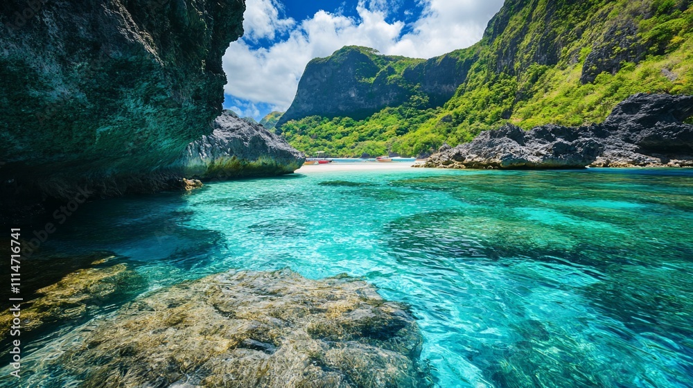 Obraz premium Secluded tropical beach cove with crystal-clear turquoise water, rocky formations, and lush green hills under a sunny sky.