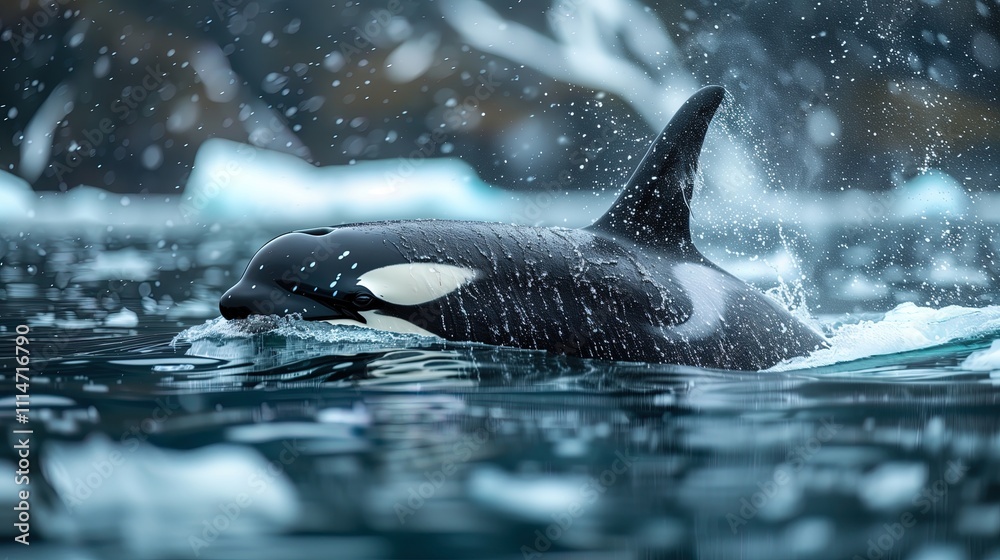 Obraz premium Orcas in the ocean swimming between small icebergs