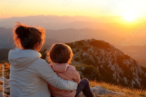 Two friends, one with their arm around the other, sit atop a mountain, facing a golden sunset, reflecting connection, gratitude, and shared experiences. photo