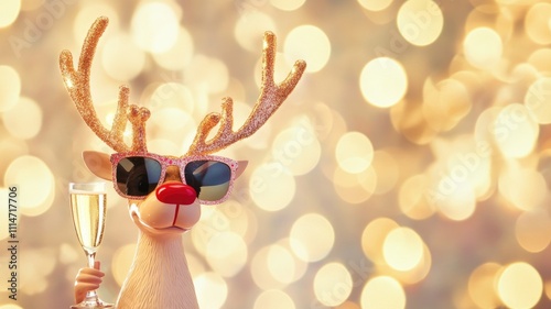 Festive Reindeer wearing sunglasses holds a glass of champagne Cheers to the Holidays Happy New Year, set against a glowing golden bokeh background