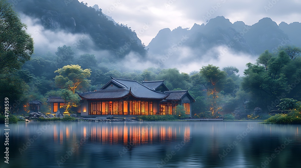 Fototapeta premium Misty lake scene featuring a stunning traditional chinese villa in peaceful setting picture