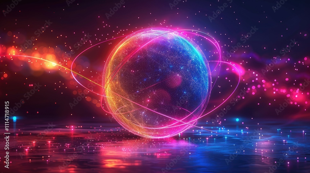 Obraz premium Glowing orb with energy trails and particles, reflecting on a dark surface.