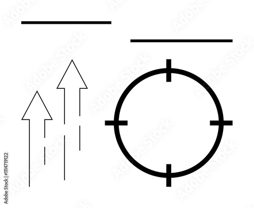 Three ascending arrows, large target circle with crosshairs, and two horizontal lines. Ideal for business growth, goal setting, focus, teamwork, productivity motivation achievements. Line metaphor