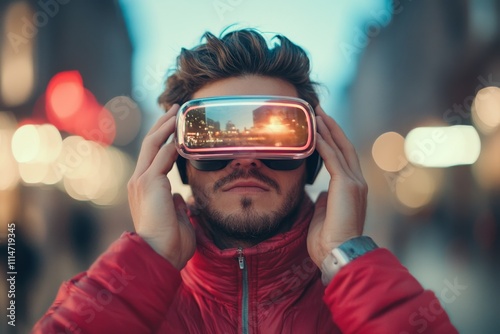 A man dressed warmly in a red jacket stands intently engaged, wearing virtual reality glasses against a softly blurred bustling cityscape, showcasing tech immersion. photo