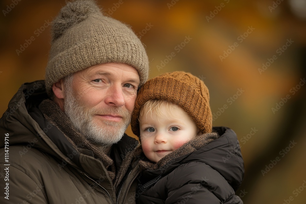 Obraz premium An elderly man and a young child share a heartfelt moment outdoors, both wearing cozy fall attire, symbolizing family bonds and intergenerational connection.