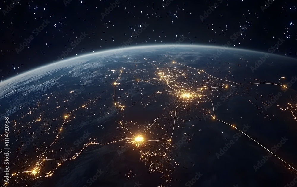 Obraz premium Earth at night, showcasing a mesmerizing display of city lights and constellations across the dark expanse of space.