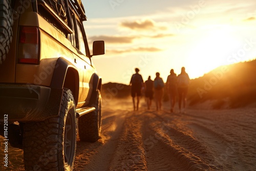 Silhouetted group walks through sandy desert at sunset, accompanied by an off-road vehicle, illustrating themes of exploration, and shared adventures. photo