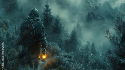 Adventurous Hiker with Lantern in Mystic Forest
