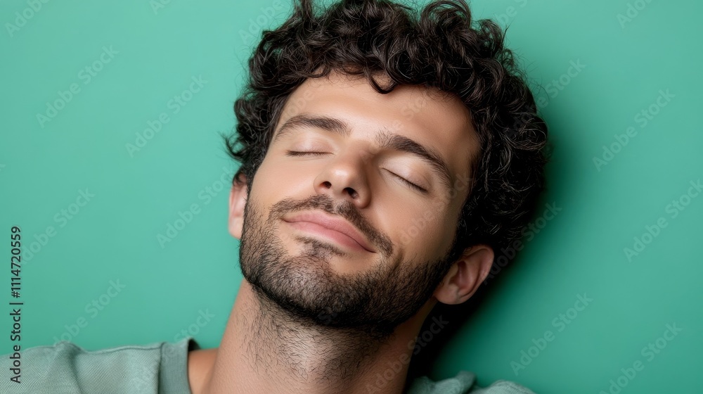 Fototapeta premium Serene Man Close-up Portrait, Teal Background, Peaceful Expression