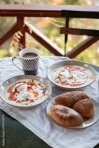 Çılbır. Turkish Poached Eggs photo