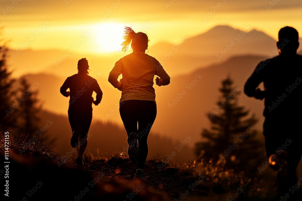 Fototapeta premium Three friends energetically run along a mountainside trail, silhouetted by the brilliant sunset, embodying vitality, freedom, and a shared passion for the outdoors.