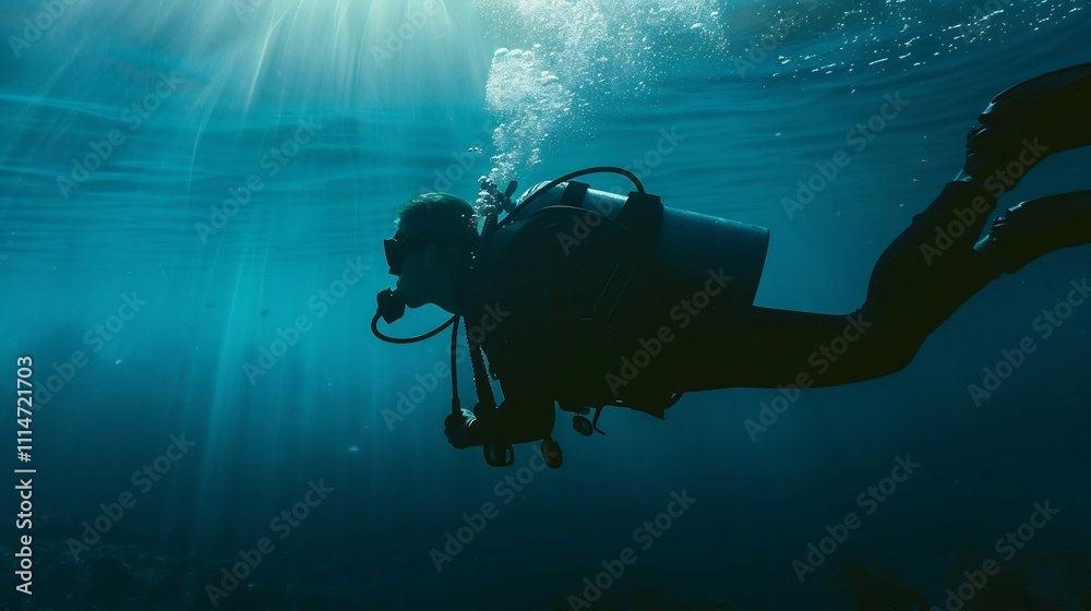 custom made wallpaper toronto digitalOutline of young man scuba diver in the depths showcasing the young mans silhouette in deepsea diving Emphasize the divers profile and shadow against an underwater depth backdrop