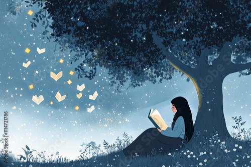 Mother and daughter in elegant hijabs reading under a tree, surrounded by floating books and stars, symbolizing learning, growth, and family bond. They are reading a fairy tale photo