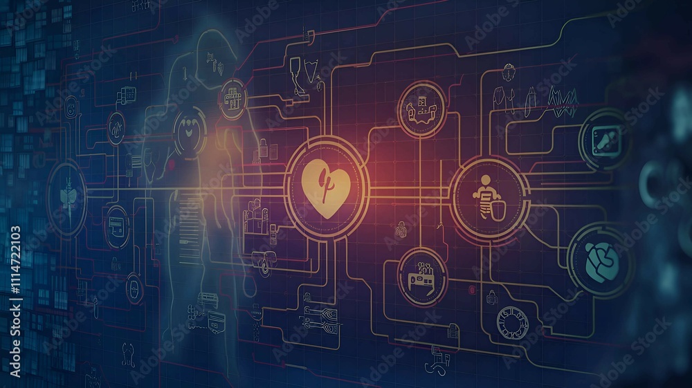 Naklejka premium digital interface showing human organs and network systems, representing advancements in medical technology, diagnostics, and healthcare innovations