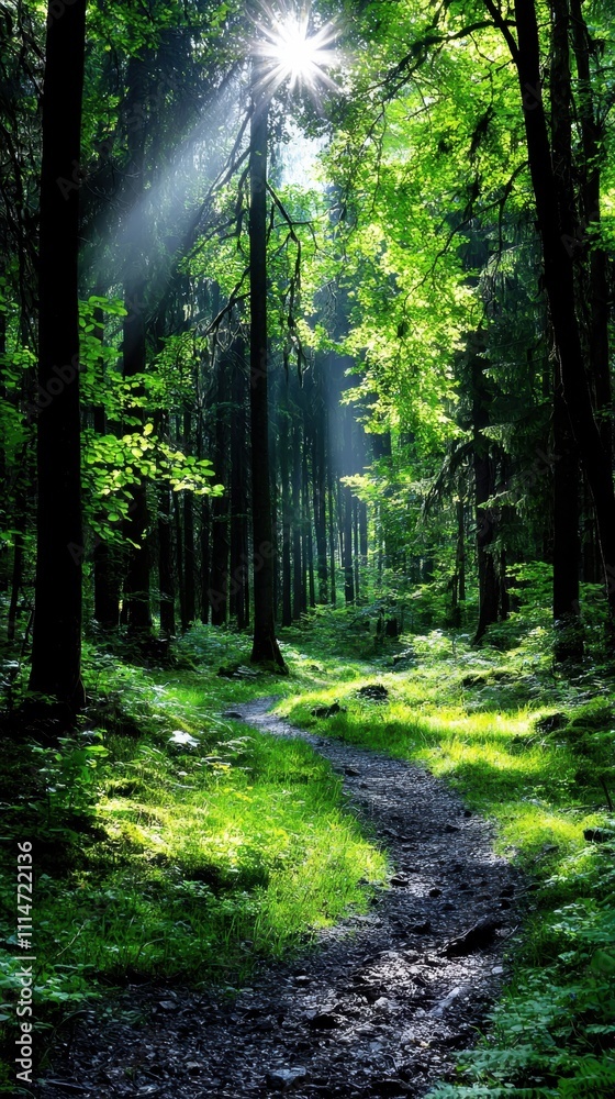 Fototapeta premium A path through a forest with sunlight shining through the trees