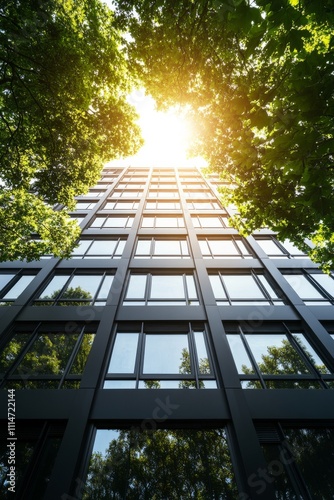 A view from below of a tall building, with sunlight filtering through lush green trees, capturing a harmonious blend of nature and urban architecture. photo