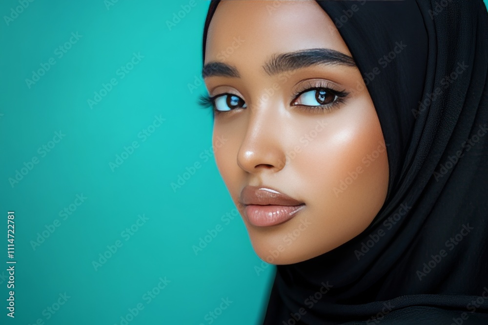 Close-up portrait of a young woman wearing a black hijab, gazing thoughtfully to the side. Her flawless skin and natural makeup emphasize her features. The background is a clean teal color Close-up portrait of a young woman wearing a black hijab, gazing thoughtfully to the side. Her flawless skin and natural makeup emphasize her features. The background is a clean teal color