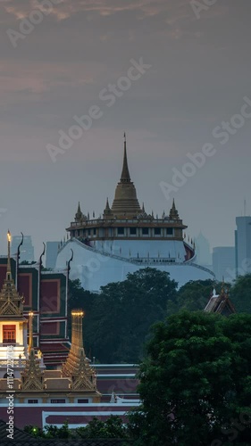 Time lapse of Golden Mount Temple (wat sraket rajavaravihara) at night, bangkok, thailand, Asia, landmark and famous place of Thailand 