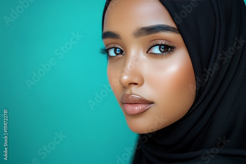 Close-up portrait of a young woman wearing a black hijab, gazing thoughtfully to the side. Her flawless skin and natural makeup emphasize her features. The background is a clean teal color