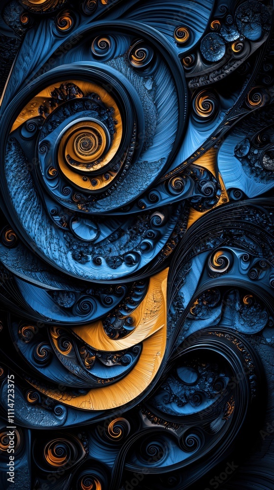 A blue and yellow spiral design with a lot of detail A blue and yellow spiral design with a lot of detail