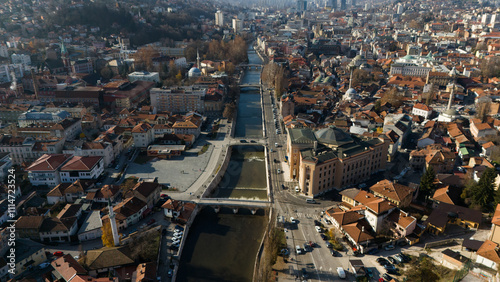 arieal view of Sarajevo and river Miljacka near Town hall Vijecnica 