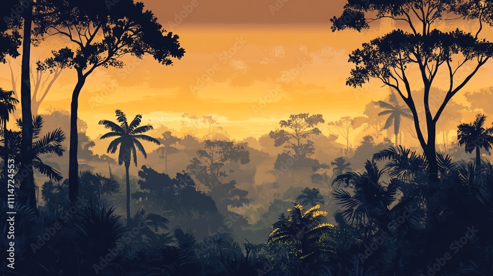 Naklejka premium Silhouetted rainforest trees at sunset, misty valley landscape.