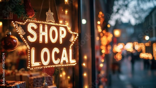 Christmas themed shop window featuring Shop Local sign with festive lights and holiday decor, promoting small business support. Shopping, sale, retail, promotion concept