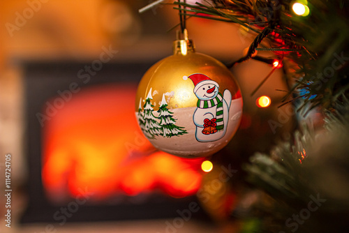 Beautiful festive decorations on the Christmas tree. New Year 2025