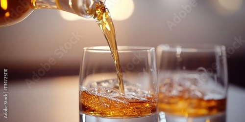 Pouring whisky into glasses, amber liquid, celebration photo