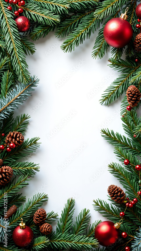 Festive Christmas Frame: Fir Branches, Red Ornaments, Pine Cones on White for Holiday Cards and Marketing Festive Christmas Frame: Fir Branches, Red Ornaments, Pine Cones on White for Holiday Cards and Marketing