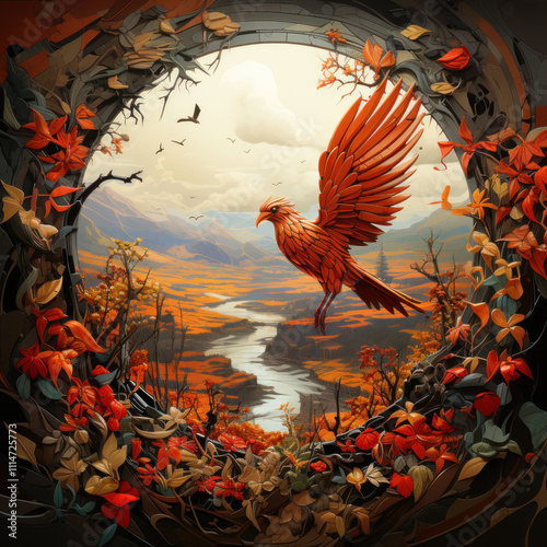 Autumn landscape with lake, forest and bird. 3d illustration photo