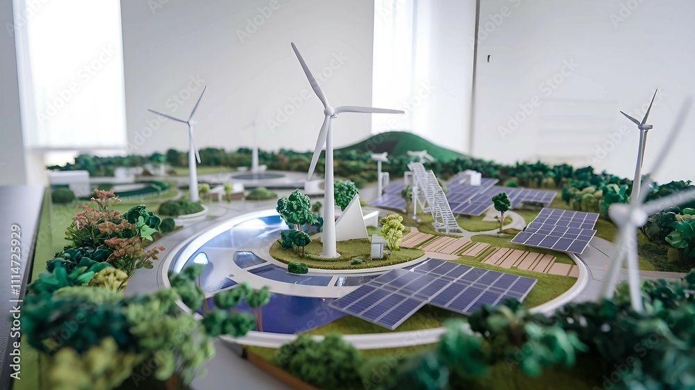 Obraz premium a miniature architectural model featuring wind turbines and greenery, representing eco-friendly urban planning and clean energy solutions