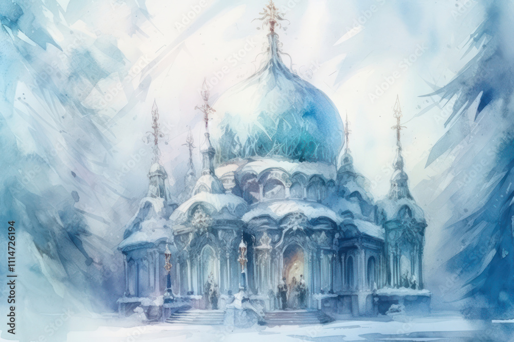 Obraz premium Watercolor illustration of a fantasy castle in the snow. Fantasy landscape.
