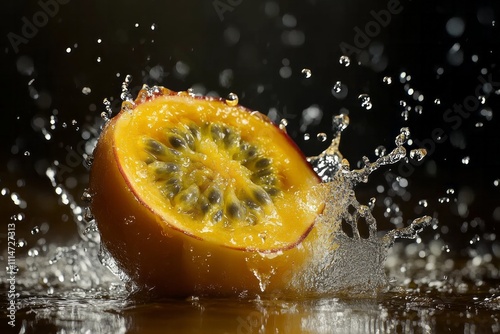 Vibrant splash of freshness as a sliced tropical fruit bursts into water creating a mesmerizing display of nature\'s colors and textures